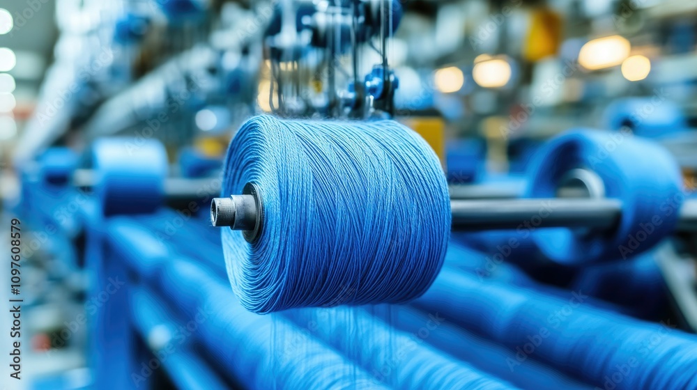 Poster detailed view of blue yarn being wound on a mechanical loom in a busy factory, representing the dedi