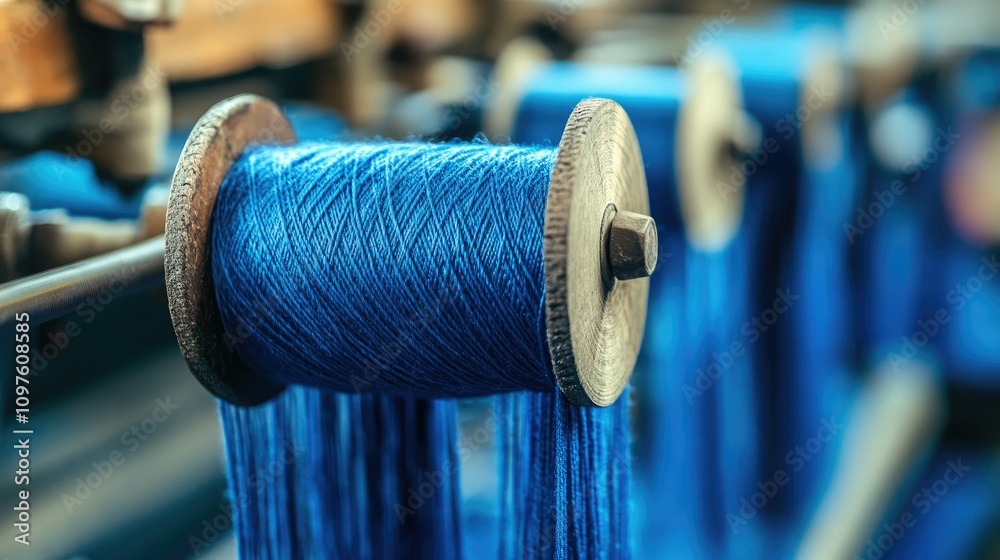 Poster detailed view of blue yarn being wound on a mechanical loom in a busy factory, representing the dedi
