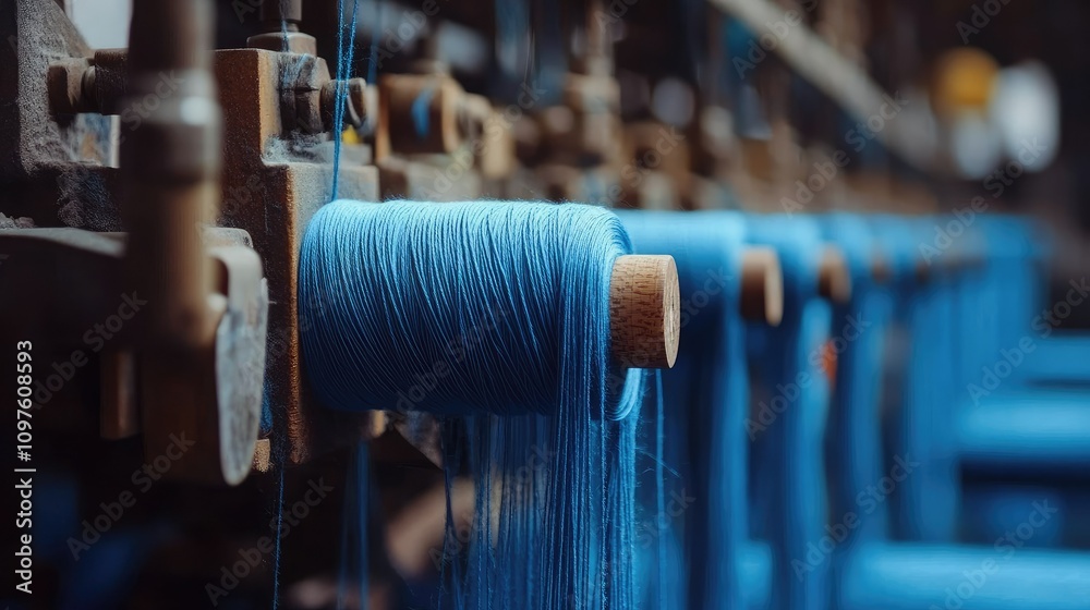 Poster detailed view of blue yarn being wound on a mechanical loom in a busy factory, representing the dedi