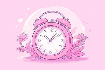 A pink alarm clock surrounded by leaves, set against a soft pink background.