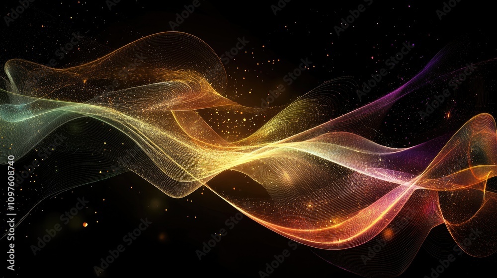 Poster futuristic abstract wave design made of glowing particles and lines, representing the ever-evolving 