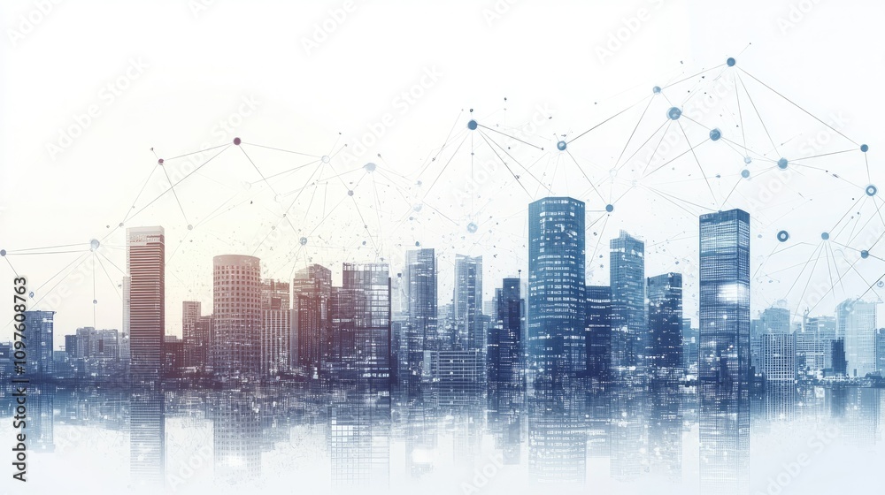 Poster futuristic city skyline overlaid with digital data, symbolizing the rise of smart cities and data-dr