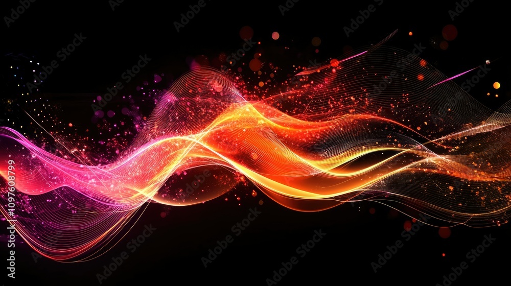 Poster futuristic abstract wave design made of glowing particles and lines, representing the ever-evolving 