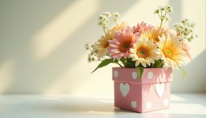 Fototapeta premium A Delicate Bouquet of Peach and Cream Gerbera Daisies in a Pink Heart-Shaped Box, Basking in the Warm Sunlight