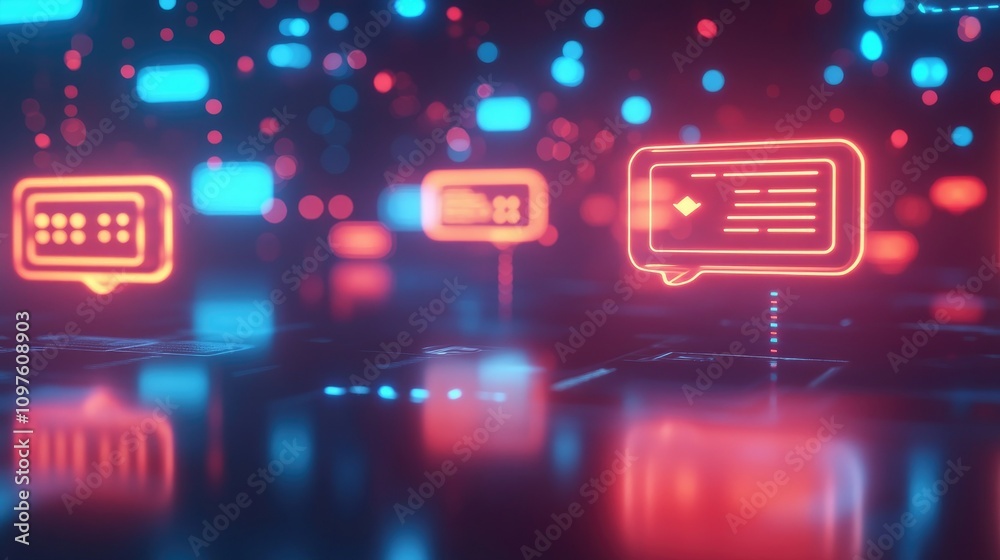 Poster Glowing chat bubbles and AI data icons in a modern, digital interface, signifying intelligent conversations powered by AI.