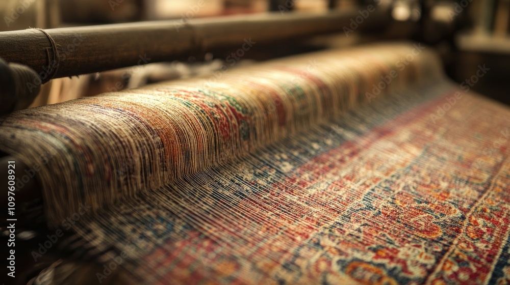 Poster High-resolution image of handwoven fabric with complex patterns, captured in full HD, showcasing the craftsmanship behind textile production.