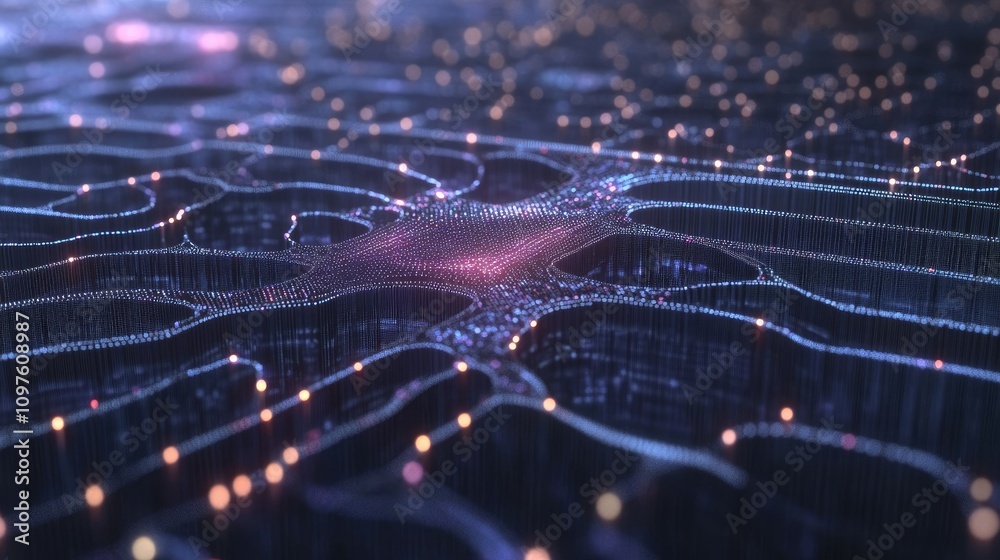 Poster High-tech AI circuitry with deep learning algorithms represented by glowing lines and patterns across a digital screen.