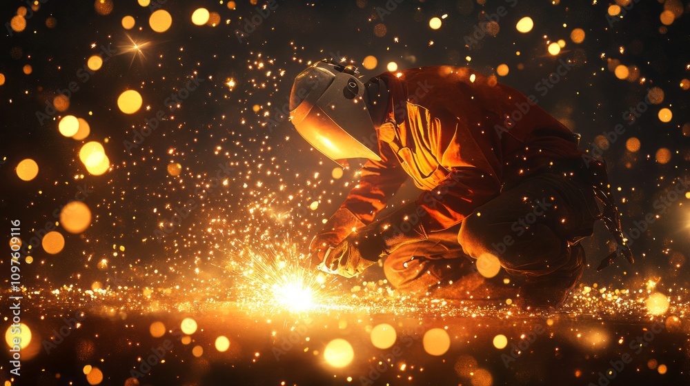 Poster a man in an orange jumpsuit is working with sparks