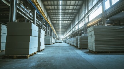 Obraz premium Inside a large factory warehouse, rows of industrial kilns process gypsum boards, with visible heat distortion and a busy manufacturing environment.