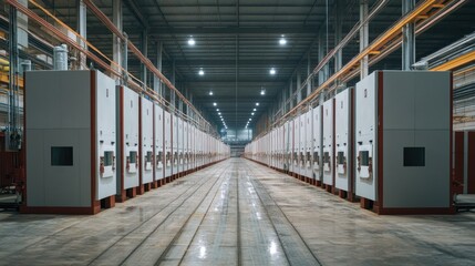 Obraz premium Rows of industrial kilns in a large factory warehouse, used for drying and processing gypsum boards after production, with a focus on machinery and factory scale.