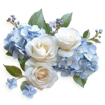 White Roses Light Blue Hydrangeas Floral Arrangement Fresh Bouquet on White Background