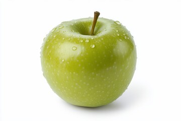 Single green apple with water droplets on a white background.