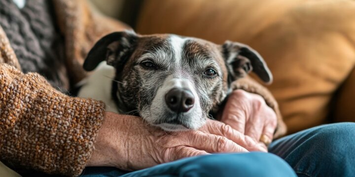 A cozy moment shared between an elderly person and a loving dog. This heartwarming scene captures their bond and warmth. Ideal for pet lovers and emotional storytelling. AI