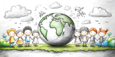 Colored sketch of children standing hand-in-hand around a green earth globe, symbolizing global unity, environmental care, and teamwork. Clouds and plants add to the eco-friendly theme.
