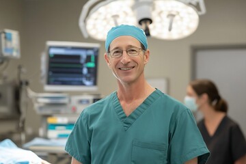 Smiling surgeon in operating room.