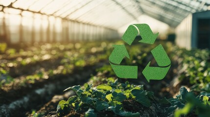 Greenhouse with Plants and Recycling Symbol for Sustainable Agriculture