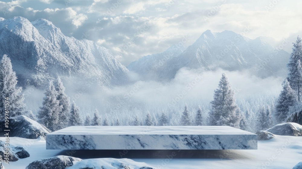 Poster a snow-covered mountain range with a large, empty, marble slab in the foreground