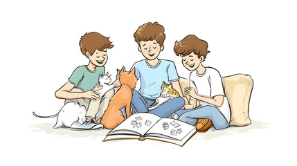 whimsical illustration of three children sitting on the floor, surrounded by cats, reading a picture book. Concept of bonding, imagination, and love for animals.