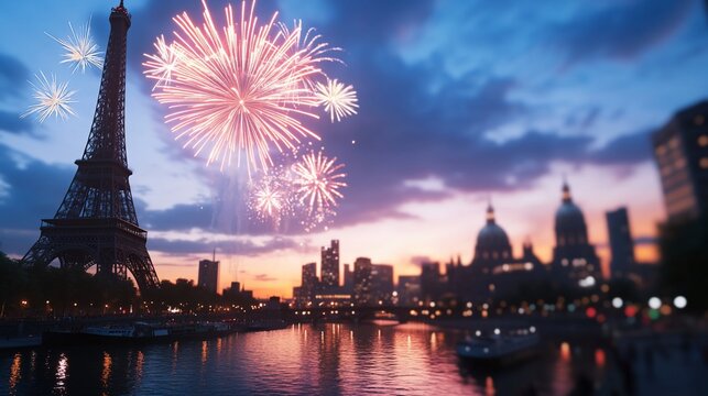 Fireworks explode over Paris cityscape at sunset.