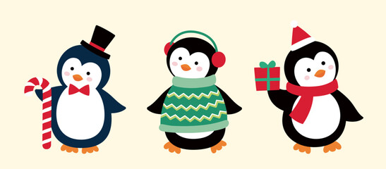 Set of cute Christmas penguins vector illustration.
flat style christmas penguin element.

