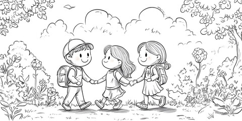 playful pencil sketch of three kids with backpacks holding hands and walking outdoors, surrounded by trees and flowers. Concept of friendship, exploration, and outdoor fun.