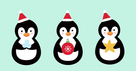 Set of cute Christmas penguins vector illustration.
flat style christmas penguin element.
