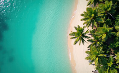 Tropical Beach Aerial View with Palm Trees and white Sand