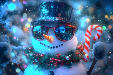 A joyful snowman standing tall with a shiny black top hat tilted slightly to the side