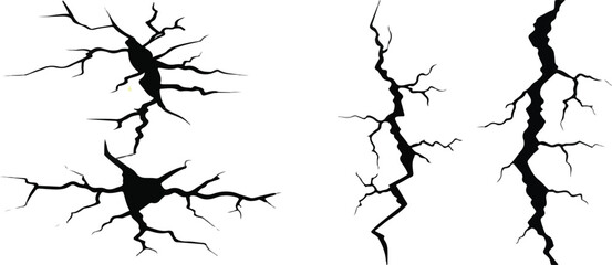 Obraz premium Print Ground split fracture line. Wall crack black silhouettes, earthquake effect. Fissure top view, surface damage and holes racy vector elements