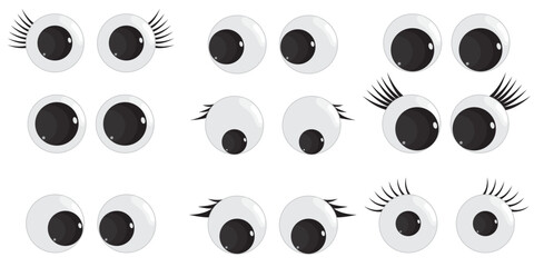A set of plastic toy eyes. Glossy, bulging, puppet eyes. Cute, round, vector, isolated elements. Look down, up, left, right. Different, shaking, silly, hilarious pairs of eyeballs.