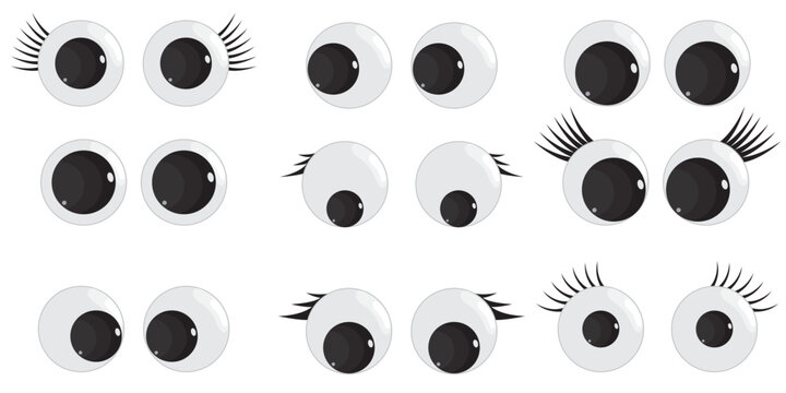 A set of plastic toy eyes. Glossy, bulging, puppet eyes. Cute, round, vector, isolated elements. Look down, up, left, right. Different, shaking, silly, hilarious pairs of eyeballs.