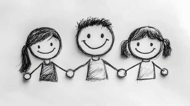 playful pencil sketch of three smiling stick-figure siblings holding hands, radiating happiness, unity, and simplicity in a whimsical and minimalist style.