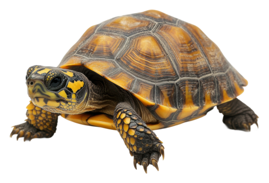 Turtle takes a gradual stroll across the smooth floor isolated on transparent background