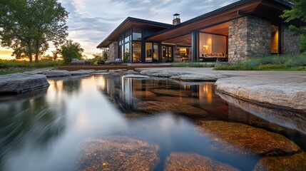 riverside residence with polished river rock siding, reflecting the water's serene flow