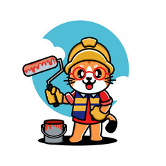 Cat in construction gear holding a paint roller with a paint bucket, ready to paint.