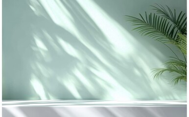 Abstract Palm Leaves Shadow on Light Green Wall with Soft Sunlight and Clean Aesthetic