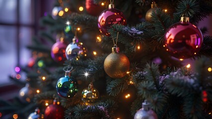 Close-up Colorful Christmas Tree Decorations, Glass Baubles & Stars, Red Dead Redemption 2 Style