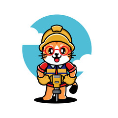 Cartoon cat in construction gear with a jackhammer, set against a blue sky background.

