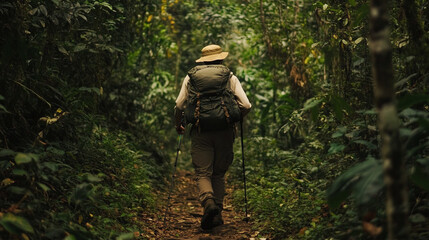 Naklejka premium A man dressed in hiking gear, trekking through a dense forest, representing adventure and connection to nature