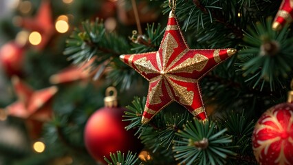 Close-up Red & Gold Star Christmas Ornaments on Evergreen Tree
