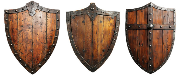 Medieval wooden shield with rivets isolated on transparent background