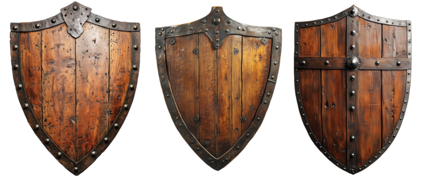 Medieval wooden shield with rivets isolated on transparent background - Powered by Adobe