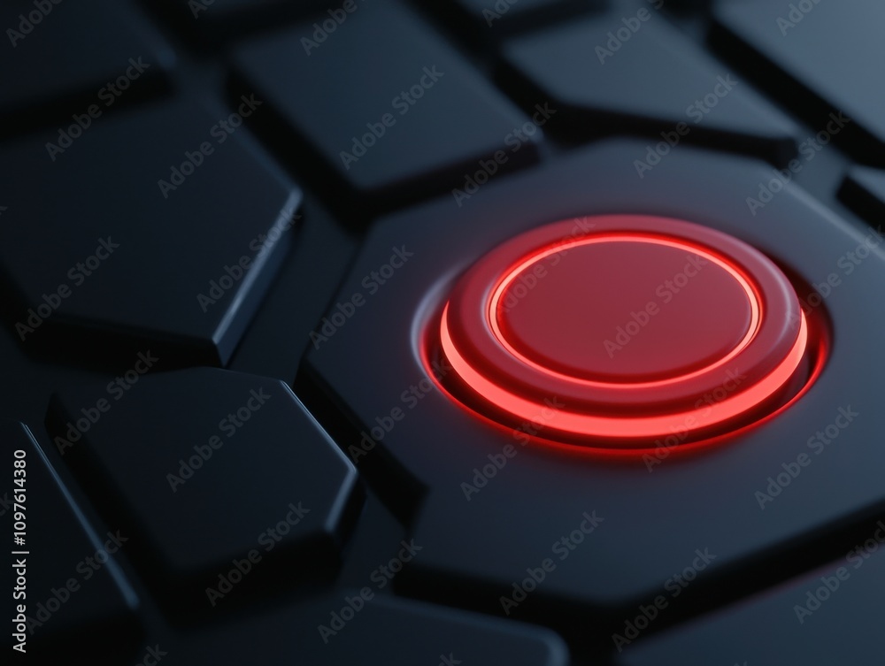 Poster a close-up view of a glowing red button on a textured black surface, suggesting a sleek, modern desi
