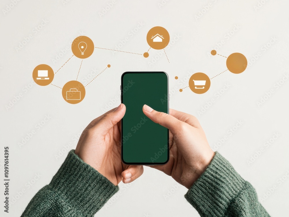 Aufkleber a person holds a smartphone, with graphic icons representing digital connectivity and smart technolo