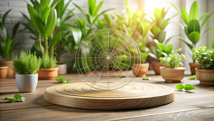 radar chart displayed on circular wooden base surrounded by lush green plants creates serene and modern atmosphere. natural light enhances beauty of scene