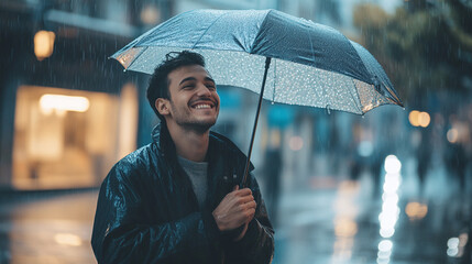 A man holding an umbrella in a rainstorm, smiling, symbolizing resilience and positivity in adversity