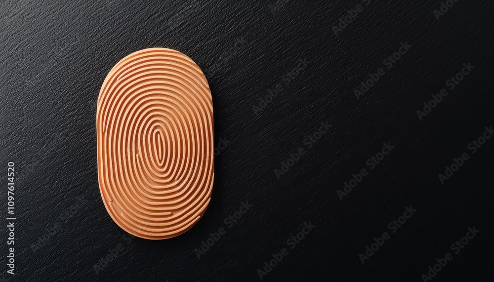 Poster A textured, oval object with concentric lines sits on a dark surface, creating a striking contrast and an intriguing visual pattern.