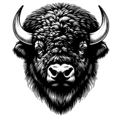 Fierce Bison portrait, black and white vector sketch isolated on white background	