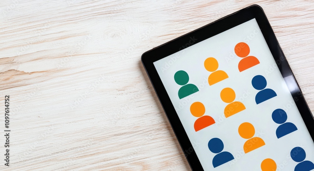 Poster a tablet displays colorful user icons against a light wooden background, representing digital commun