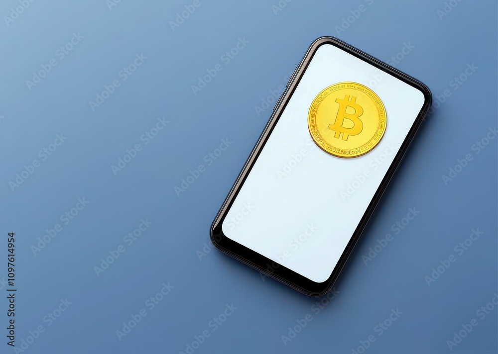 Poster A smartphone displaying a Bitcoin symbol, highlighting digital currency's integration with technology and finance.
